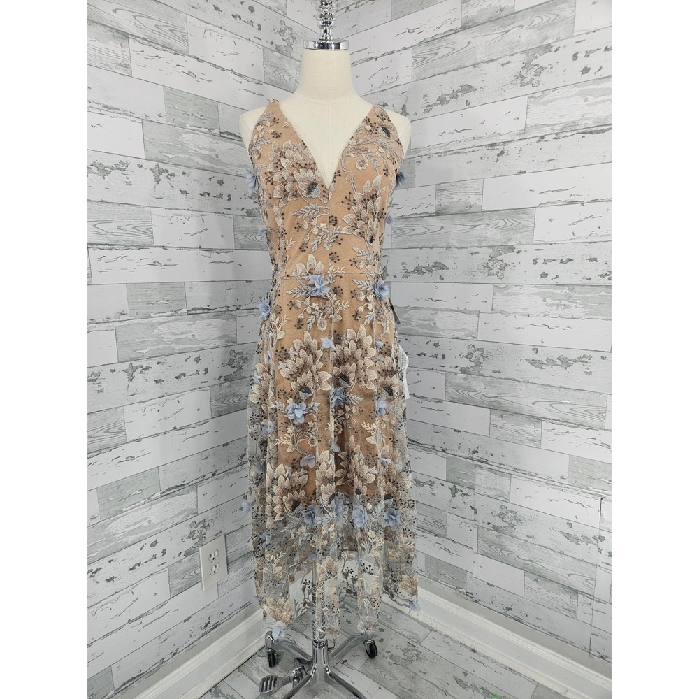 Dress The Population Audrey Floral Embroidery Midi Dress Mineral Blue XXL NEW